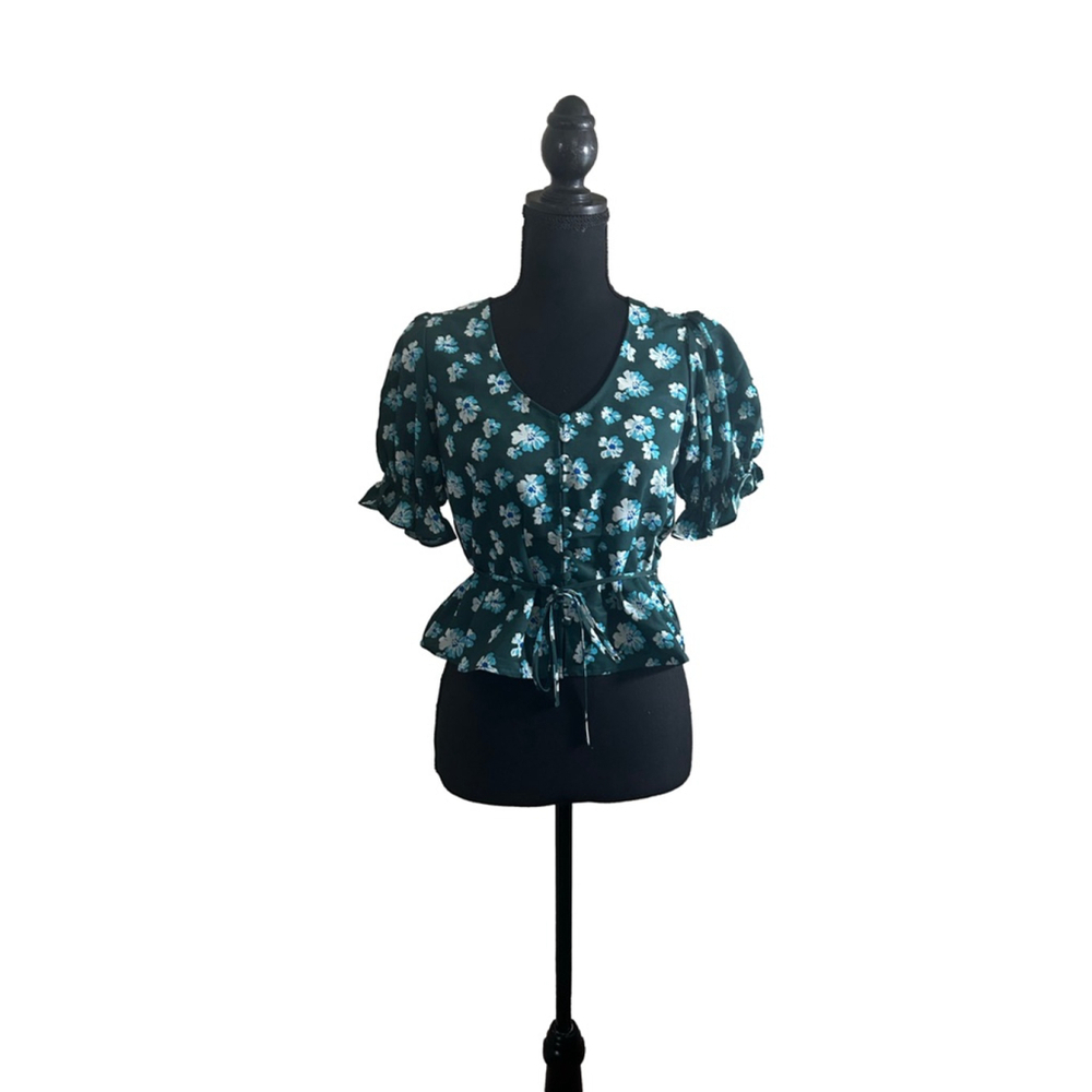Outerknown Floral Puff Sleeve Peplum Top, XS NWT